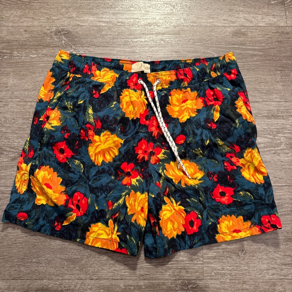 J.Crew Swim Trunks Mens M Floral Print Blue Orange Stretch 6" Board Shorts Beach
